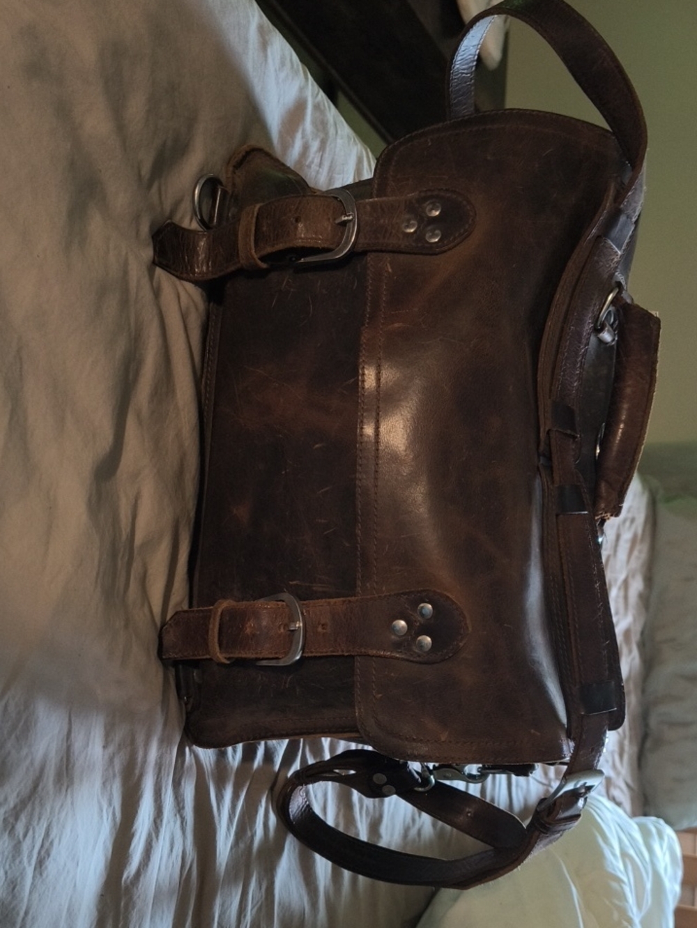 Men's Brown Leather Briefcase Messenger with Buckle Straps
